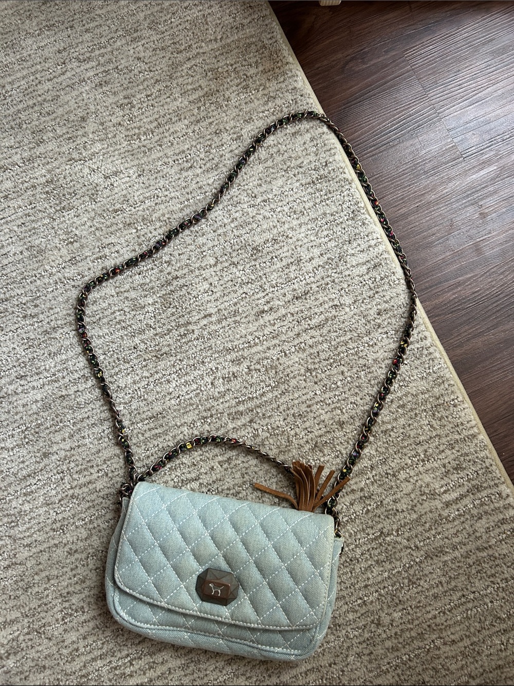 Victoria’s Secret pink Quilted chambray Crossbody Bag with Chain Strap